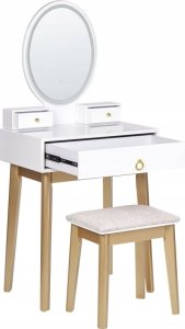 Beliani Toaletka 3 szuflady lustro LED ze stołkiem biało-złota ROSEY 2