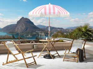Beliani Parasol ogrodowy ⌀ 150 cm różowy z białym MONDELLO 2