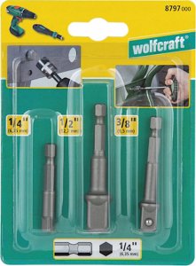 Wolfcraft 1 zestaw 3 adapterów do kluczy nasadowych  1/2 , 3/8 cala, 1/4 cala, trzpień 6-kątny 3