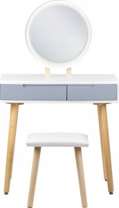 Beliani Toaletka 2 szuflady lustro LED ze stołkiem biało-szara JOSSELIN 3
