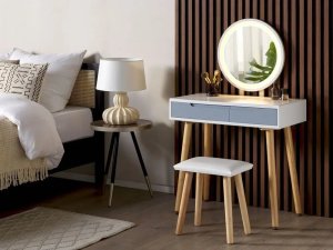 Beliani Toaletka 2 szuflady lustro LED ze stołkiem biało-szara JOSSELIN 8