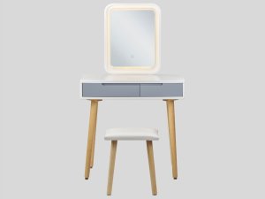 Beliani Toaletka 2 szuflady lustro LED ze stołkiem biało-szara DIEPPE 3