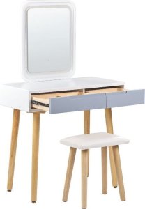 Beliani Toaletka 2 szuflady lustro LED ze stołkiem biało-szara DIEPPE 5