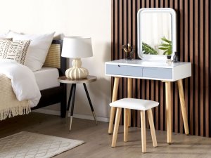 Beliani Toaletka 2 szuflady lustro LED ze stołkiem biało-szara DIEPPE 7