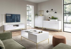 Selsey Komoda trzydrzwiowa Vellore 154 cm biała z ryflowanymi frontami i złotym stelażem 5