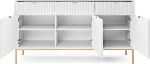 Selsey Komoda trzydrzwiowa Vellore 154 cm biała z ryflowanymi frontami i złotym stelażem 6