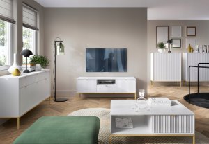 Selsey Komoda trzydrzwiowa Vellore 154 cm biała z ryflowanymi frontami i złotym stelażem 8