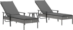 vidaXL vidaXL Leżaki, 2 szt., ze stolikiem i poduszkami, szare, polirattan 3
