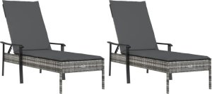 vidaXL vidaXL Leżaki, 2 szt., ze stolikiem i poduszkami, szare, polirattan 4