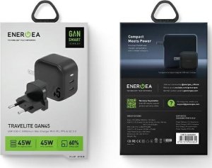 Ładowarka Energea ENERGEA ład. siec. 2xUSB-C PD-PPS 45W 2C czarny/black US+EU Travelite GAN45 5