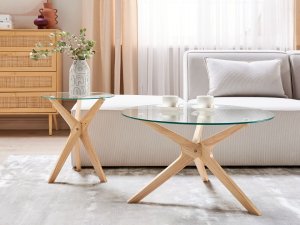 Beliani Stolik pomocniczy szklany jasne drewno VALLEY 2