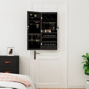 vidaXL vidaXL Szafka ścienna na biżuterię, z lustrem i LED, czarna 3