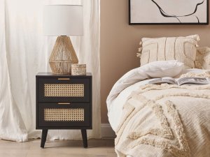 Beliani Szafka nocna 2 szuflady fronty rattanowe czarna OPOCO 6