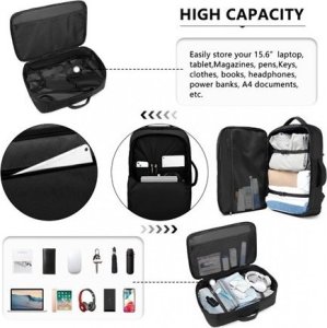 Plecak turystyczny Kono Czarny Plecak do Samolotu 55x40x23 LOT Ryanair WizzAir 40L Flex 8