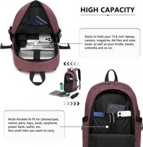 Plecak turystyczny Kono Plecak na Laptopa 15,6 USB Burgundy Compact 7