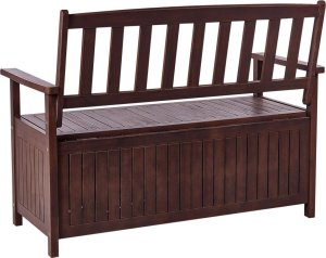Beliani Ławka ogrodowa ze schowkiem 120 cm drewniana mahoniowy brąz z poduszką białą SOVANA 5