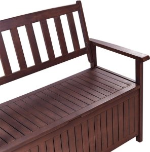 Beliani Ławka ogrodowa ze schowkiem 120 cm drewniana mahoniowy brąz z poduszką białą SOVANA 6