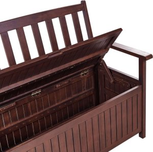 Beliani Ławka ogrodowa ze schowkiem 120 cm drewniana mahoniowy brąz z poduszką białą SOVANA 7