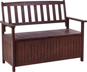 Beliani Ławka ogrodowa ze schowkiem 120 cm drewniana mahoniowy brąz z poduszką szarą SOVANA 3