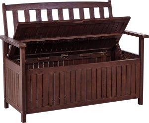 Beliani Ławka ogrodowa ze schowkiem 120 cm drewniana mahoniowy brąz z poduszką szarą SOVANA 4