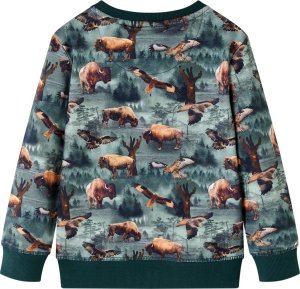 vidaXL Bluza dziecięca, nadruk z bizonami i orłami, ciemnozielona, 128 2
