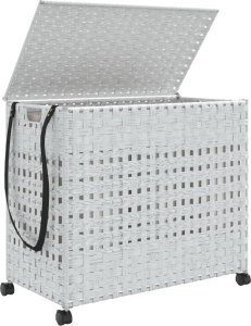 vidaXL Kosz na pranie z kółkami, biały, 66x35x60 cm, rattan 4
