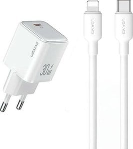 Ładowarka Usams USAMS Ład. siec. 1xUSB-C PD30W PD3.0 Fast Charging US-CC186 + kabel USB-C/Lightning US-SJ610 biały/white YX Series YXXLOGTC04 1