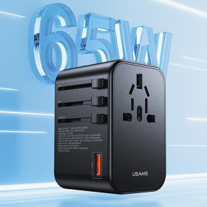 Ładowarka Usams USAMS Adapter siec 1xUSB+2xUSB-C T62 65W 4w1 US/AU/EU/UK czarny/black CC199TC01 (US-CC199) Univesal Travel Charger 14