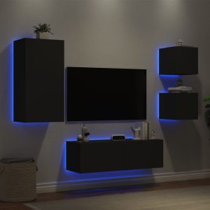 vidaXL vidaXL 4-cz. zestaw ściennych mebli TV z oświetleniem LED, czarny 1