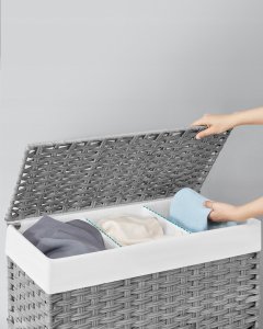 Kosz na pranie Songmics Kosz Na Bieliznę, Ręcznie Tkany Kosz Na Pranie, Kosz Na Pranie W Stylu Rattanu 140 L Z 3 Przegródkami, Wyjmowana Wkładka, Uchwyt 3