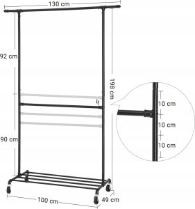 Songmics Przemysłowy Wieszak Na Ubrania Na Kółkach, Maksymalne Obciążenie 110 Kg, Podwójny Drążek Do Wieszania Odzieży, Wytrzymały Ekspoz 6