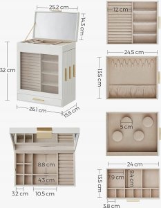 Songmics Pudełko Na Biżuterię Ze Szklanym Okienkiem, 5-warstwowy Organizer Na Biżuterię Z 3 Bocznymi Szufladami, Schowek Na Biżuterię, Z 3