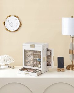 Songmics Pudełko Na Biżuterię Ze Szklanym Okienkiem, 5-warstwowy Organizer Na Biżuterię Z 3 Bocznymi Szufladami, Schowek Na Biżuterię, Z 4