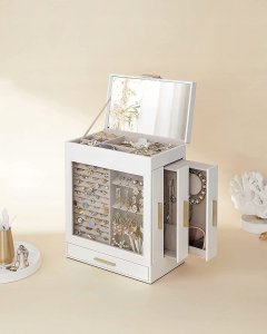 Songmics Pudełko Na Biżuterię Ze Szklanym Okienkiem, 5-warstwowy Organizer Na Biżuterię Z 3 Bocznymi Szufladami, Schowek Na Biżuterię, Z 5