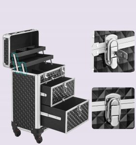 Songmics Zamykana Kosmetyczka, Wózek Na Kosmetyki Na Kółkach, Dla Profesjonalnego Artysty Makijażu, Studia Urody, Technika Paznokci, Abs, 15