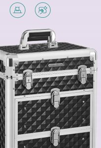 Songmics Zamykana Kosmetyczka, Wózek Na Kosmetyki Na Kółkach, Dla Profesjonalnego Artysty Makijażu, Studia Urody, Technika Paznokci, Abs, 16