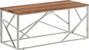 vidaXL Stolik kawowy, srebrny, stal nierdzewna i lite drewno akacjowe 2