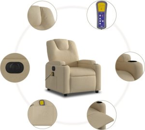 vidaXL Rozkładany fotel masujący, elektryczny, kremowy, tkanina 7