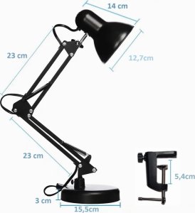 Tradelectra Lampka biurkowa czarna E27 z klipsem kreślarska 8