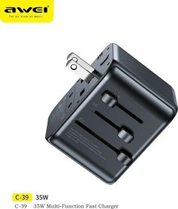Ładowarka Awei AWEI Adapter siec 2xUSB+3xUSB-C C-39 35W 4w1 US/AU/EU/UK czarny/black Univesal Travel GaN Charger 2