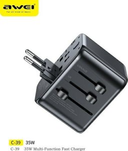 Ładowarka Awei AWEI Adapter siec 2xUSB+3xUSB-C C-39 35W 4w1 US/AU/EU/UK czarny/black Univesal Travel GaN Charger 3