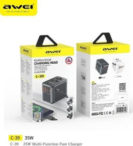 Ładowarka Awei AWEI Adapter siec 2xUSB+3xUSB-C C-39 35W 4w1 US/AU/EU/UK czarny/black Univesal Travel GaN Charger 5