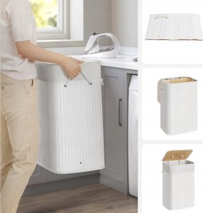 Kosz na pranie Songmics Bambusowy kosz na pranie, 72L Składany kosz, prostokątny schowek z 3 uchwytami, 40 x 30 x 60 cm, biały LCB010W01 13