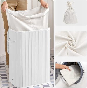 Kosz na pranie Songmics Bambusowy kosz na pranie, 72L Składany kosz, prostokątny schowek z 3 uchwytami, 40 x 30 x 60 cm, biały LCB010W01 18