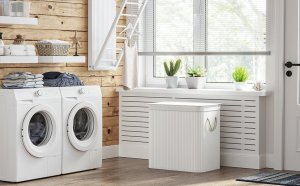 Kosz na pranie Songmics Bambusowy kosz na pranie, 72L Składany kosz, prostokątny schowek z 3 uchwytami, 40 x 30 x 60 cm, biały LCB010W01 19