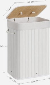 Kosz na pranie Songmics Bambusowy kosz na pranie, 72L Składany kosz, prostokątny schowek z 3 uchwytami, 40 x 30 x 60 cm, biały LCB010W01 22