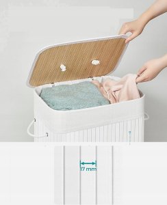 Kosz na pranie Songmics Bambusowy kosz na pranie, 72L Składany kosz, prostokątny schowek z 3 uchwytami, 40 x 30 x 60 cm, biały LCB010W01 26