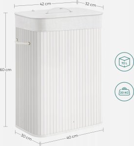 Kosz na pranie Songmics Bambusowy kosz na pranie, 72L Składany kosz, prostokątny schowek z 3 uchwytami, 40 x 30 x 60 cm, biały LCB010W01 3