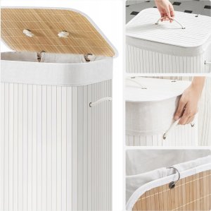 Kosz na pranie Songmics Bambusowy kosz na pranie, 72L Składany kosz, prostokątny schowek z 3 uchwytami, 40 x 30 x 60 cm, biały LCB010W01 5