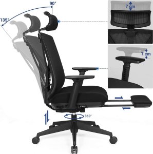 Krzesło biurowe Songmics Ergonomiczne krzesło biurowe z podnóżkiem, krzesło biurkowe z podparciem lędźwiowym, regulowany zagłówek i podłokietnik, regulac 5